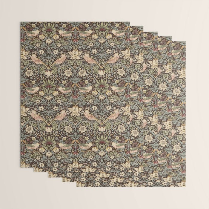 William Morris Vintage Strawberry Thief Dark Brown Chocolate Slate Wrapping Paper Gallery Image 3