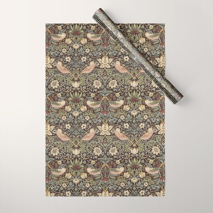 William Morris Vintage Strawberry Thief Dark Brown Chocolate Slate Wrapping Paper Gallery Image 1