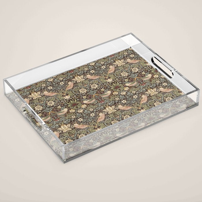 William Morris Vintage Strawberry Thief Dark Brown Chocolate Slate Acrylic Tray Gallery Image 1