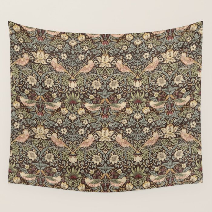 William Morris Vintage Strawberry Thief Dark Brown Chocolate Slate Wall Tapestry Gallery Image 1