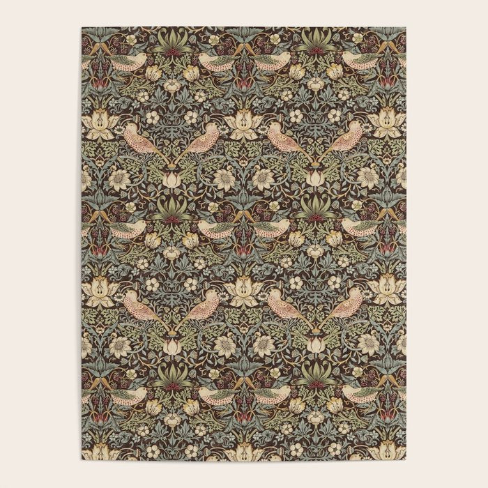William Morris Vintage Strawberry Thief Dark Brown Chocolate Slate Poster Gallery Image 1