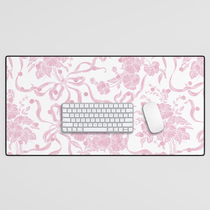 Vintage blush pink white bow floral polka dots Desk Mat Gallery Image 1