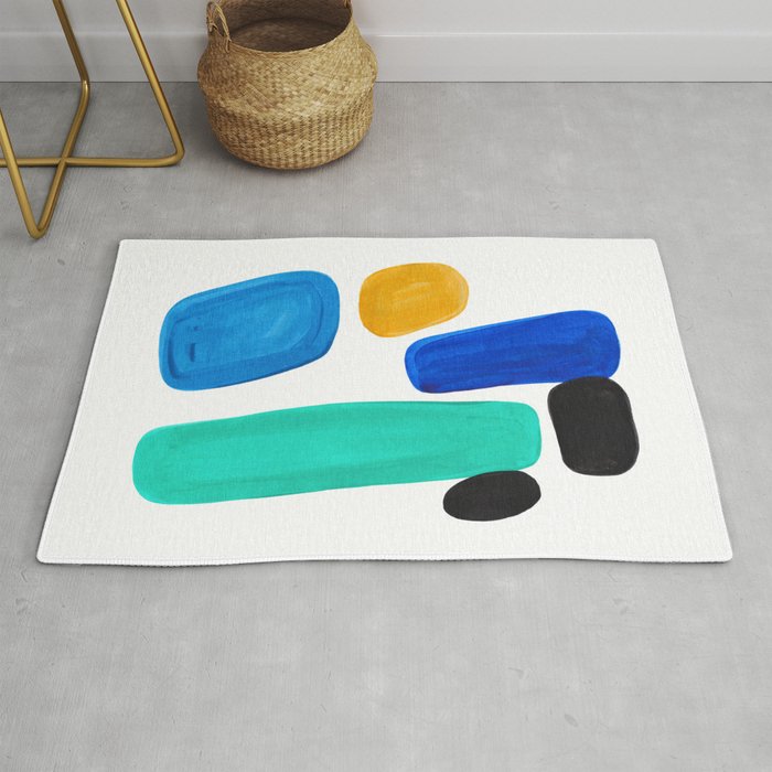 Mid Century Vintage Abstract Minimalist Colorful Pop Art Teal Blue Turquoise Yellow Pattern Rug Gallery Image 1