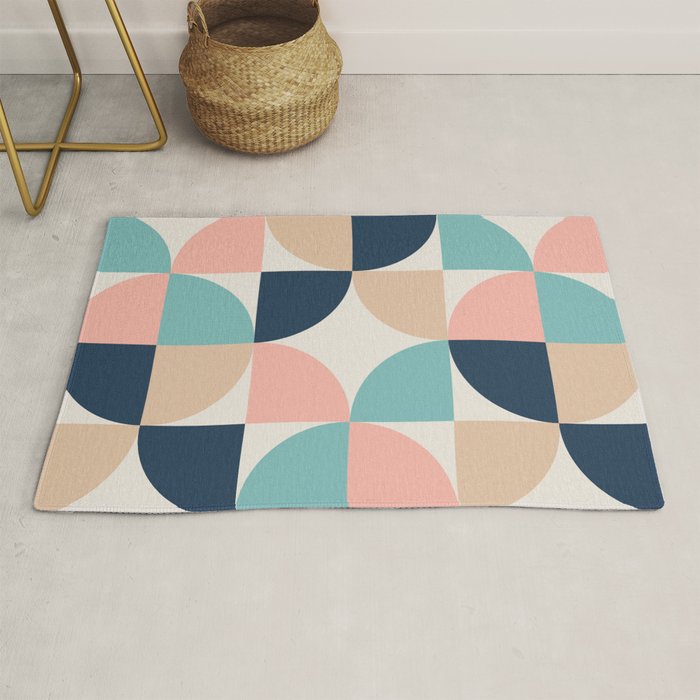 Mid Century Modern Geometric Pattern 455 Peach Blue and Beige Rug Gallery Image 1