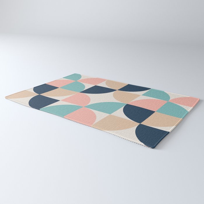 Mid Century Modern Geometric Pattern 455 Peach Blue and Beige Rug Gallery Image 3