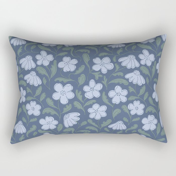 Moody Botanical Blooms on Slate Blue Rectangular Pillow Gallery Image 1