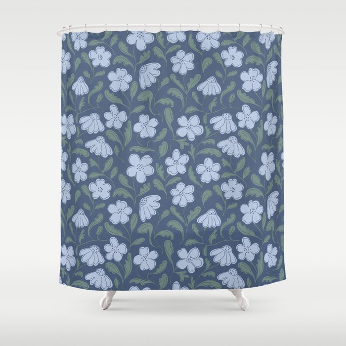 Moody Botanical Blooms on Slate Blue Shower Curtain Gallery Image 1