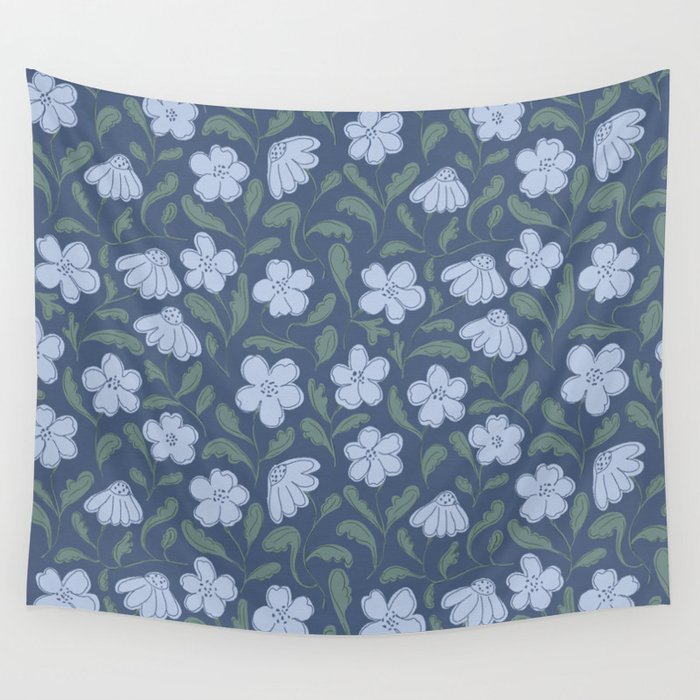 Moody Botanical Blooms on Slate Blue Wall Tapestry Gallery Image 4