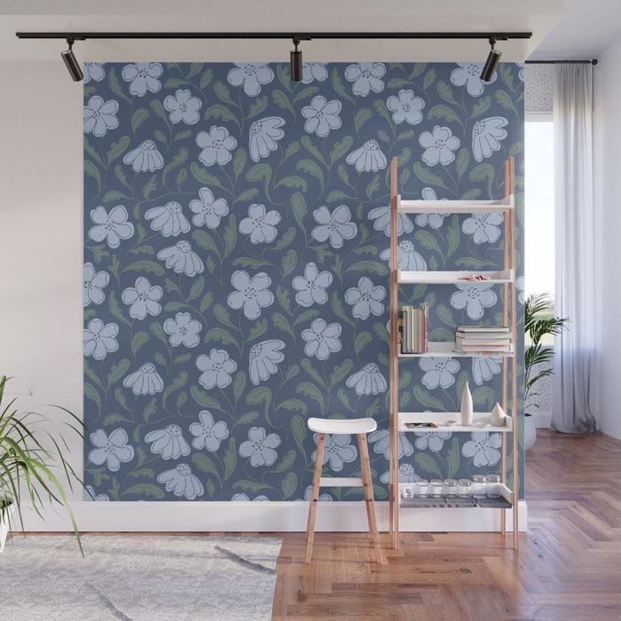 Moody Botanical Blooms on Slate Blue Wall Mural Gallery Image 1