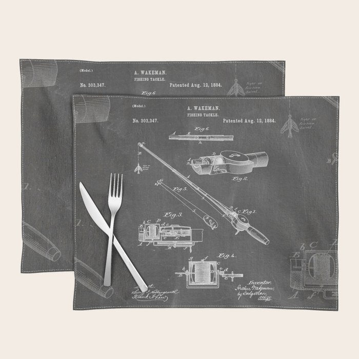 Fishing Rod Patent - Fishing Art - Black Chalkboard Placemat Gallery Image 1