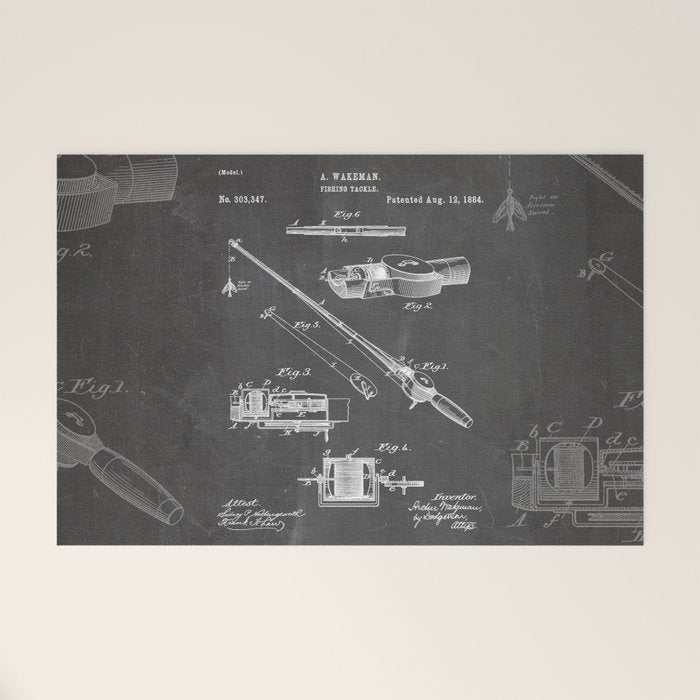 Fishing Rod Patent - Fishing Art - Black Chalkboard Welcome Mat Gallery Image 1