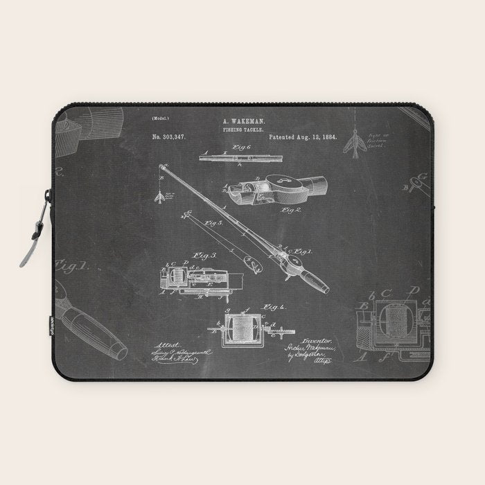 Fishing Rod Patent - Fishing Art - Black Chalkboard Laptop Sleeve Gallery Image 1