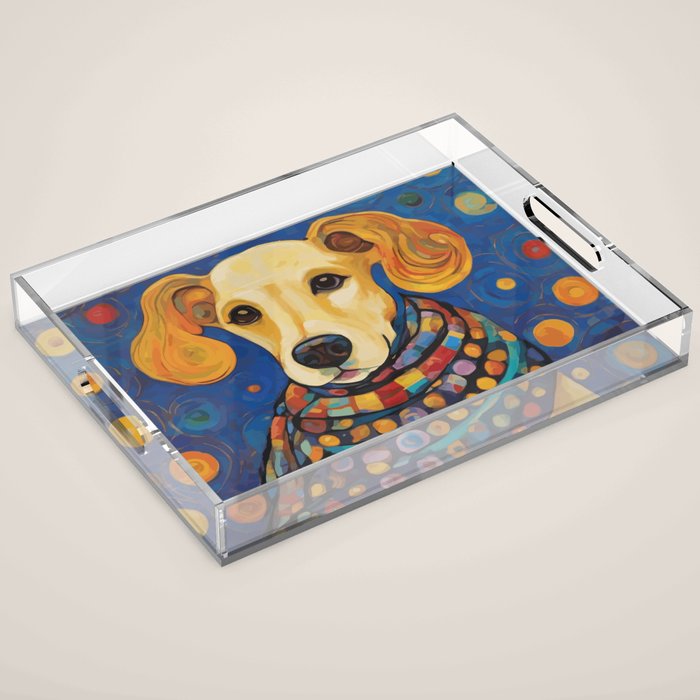 Gustav Klimt Style Dog in a Starry Night Landscape  Acrylic Tray Gallery Image 1