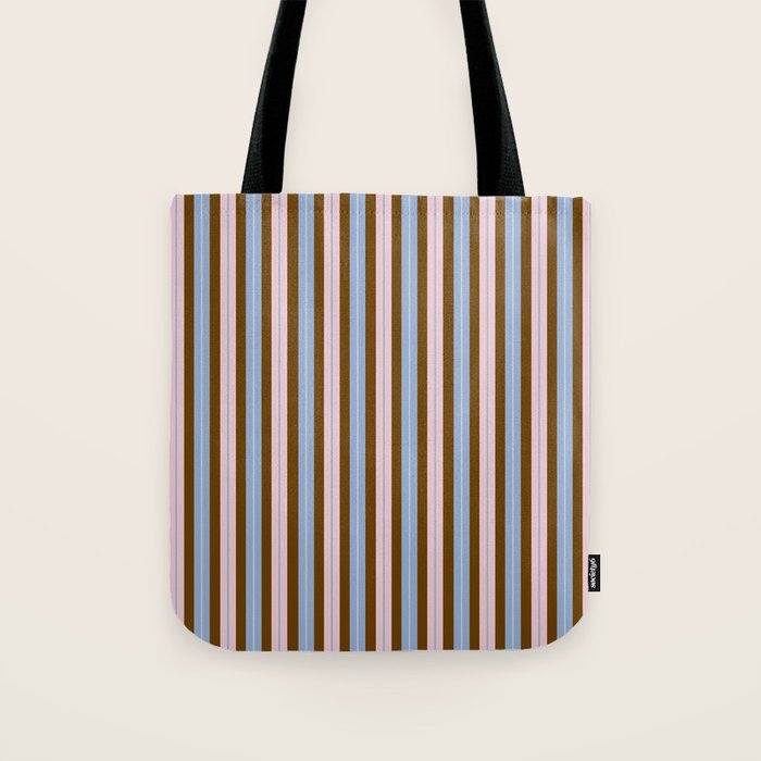 Vertical Stripes Double Stripe Pattern in Pastel Blue Pink Brown Tote Bag Gallery Image 1
