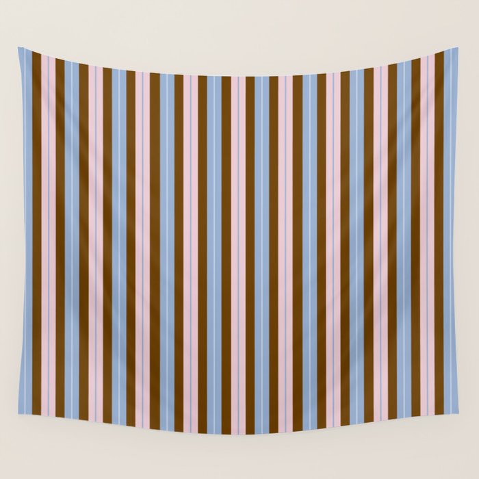 Vertical Stripes Double Stripe Pattern in Pastel Blue Pink Brown Wall Tapestry Gallery Image 4