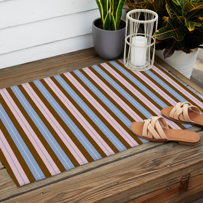 Vertical Stripes Double Stripe Pattern in Pastel Blue Pink Brown Outdoor Rug Gallery Image 2