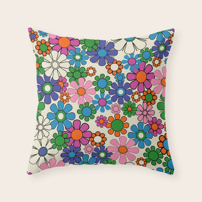 Vibrant Retro Garden Groovy Colorful 60s 70s Floral Pattern Throw Pillow Gallery Image 1