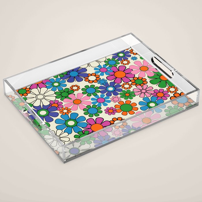 Vibrant Retro Garden Groovy Colorful 60s 70s Floral Pattern Acrylic Tray Gallery Image 1