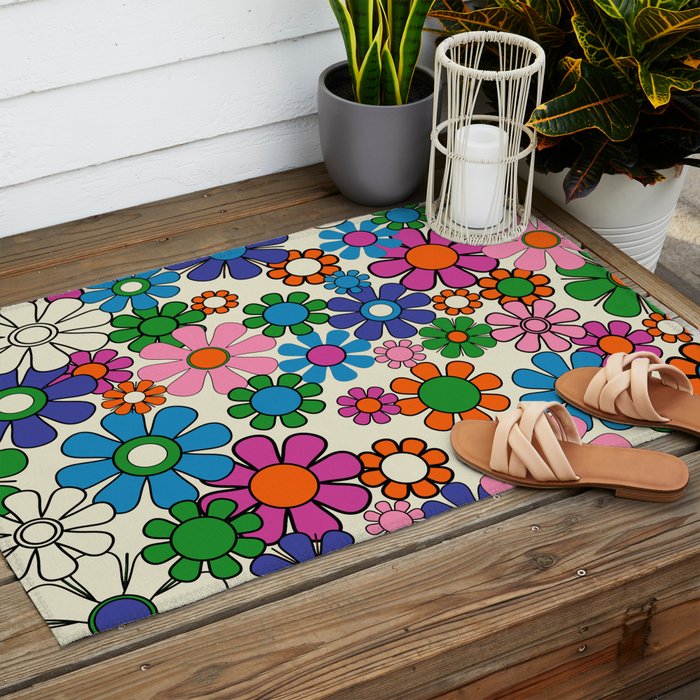 Vibrant Retro Garden Groovy Colorful 60s 70s Floral Pattern Outdoor Rug Gallery Image 2
