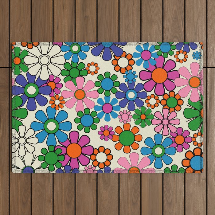 Vibrant Retro Garden Groovy Colorful 60s 70s Floral Pattern Outdoor Rug Gallery Image 1