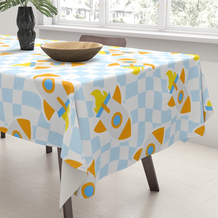 Space rocket cartoon checkered pattern Tablecloth Gallery Image 3