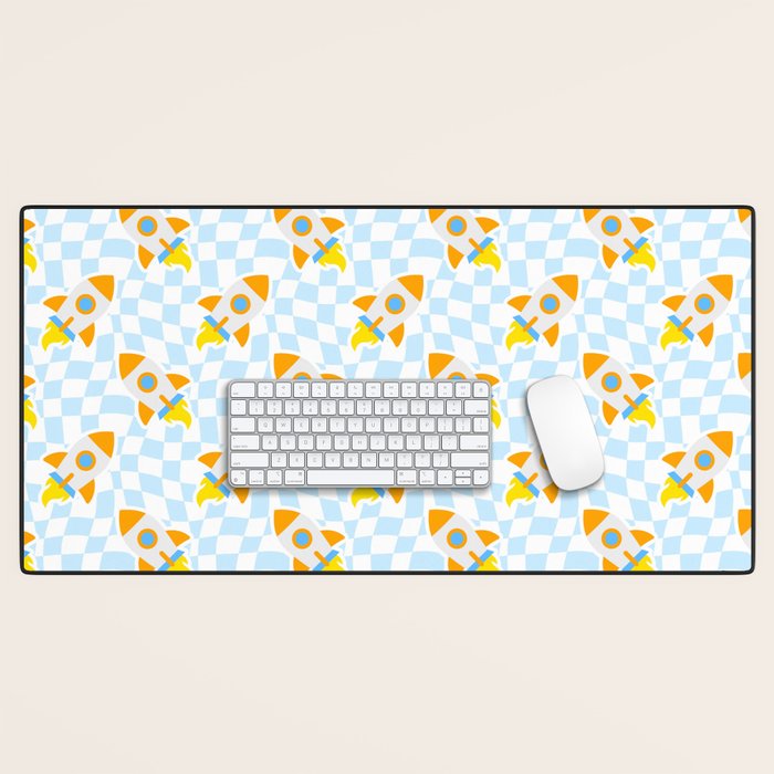 Space rocket cartoon checkered pattern Desk Mat Gallery Image 1