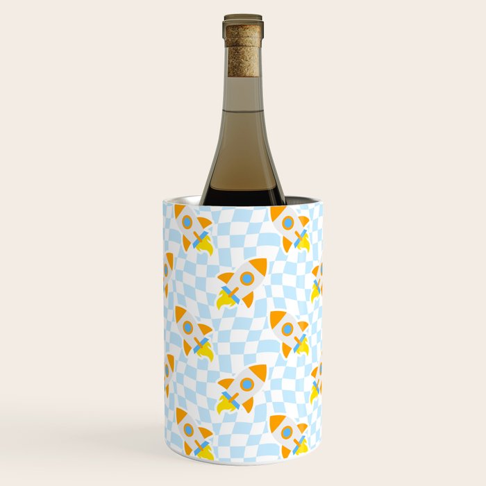 Space rocket cartoon checkered pattern Wine Chiller Gallery Image 1