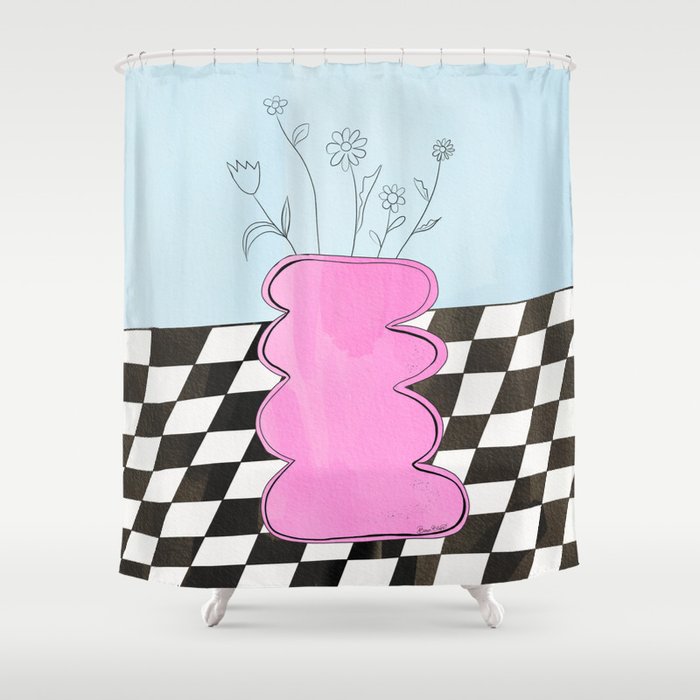 Pink Wavy Vase with Checkerboard Pattern Shower Curtain Gallery Image 1