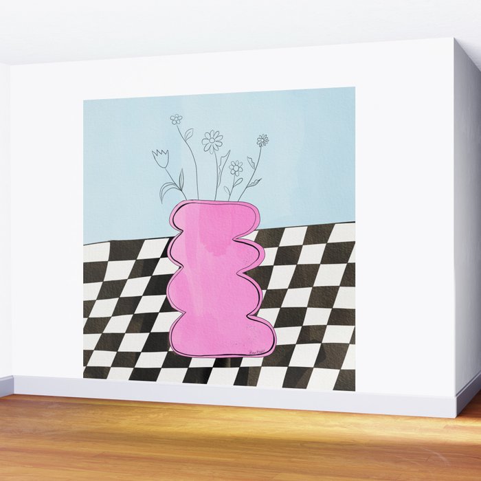 Pink Wavy Vase with Checkerboard Pattern Wall Mural Gallery Image 2