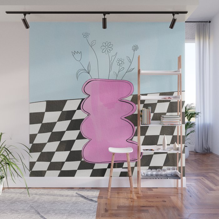 Pink Wavy Vase with Checkerboard Pattern Wall Mural Gallery Image 1