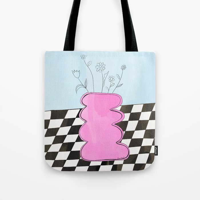 Pink Wavy Vase with Checkerboard Pattern Tote Bag Gallery Image 1
