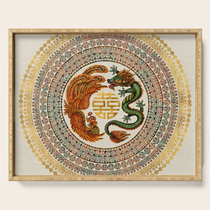 Double Happiness Symbol with Phoenix and Dragon  Serving Tray Gallery Image 1