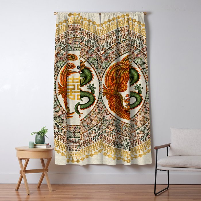 Double Happiness Symbol with Phoenix and Dragon  Window Curtain Gallery Image 1