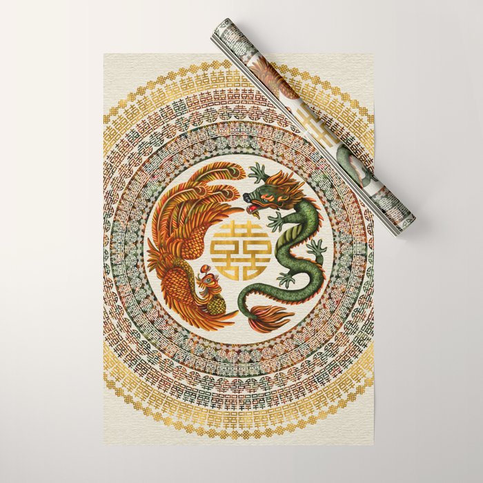 Double Happiness Symbol with Phoenix and Dragon  Wrapping Paper Gallery Image 1