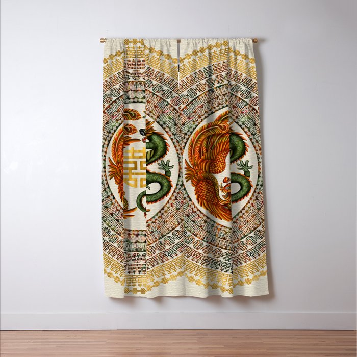 Double Happiness Symbol with Phoenix and Dragon  Window Curtain Gallery Image 3