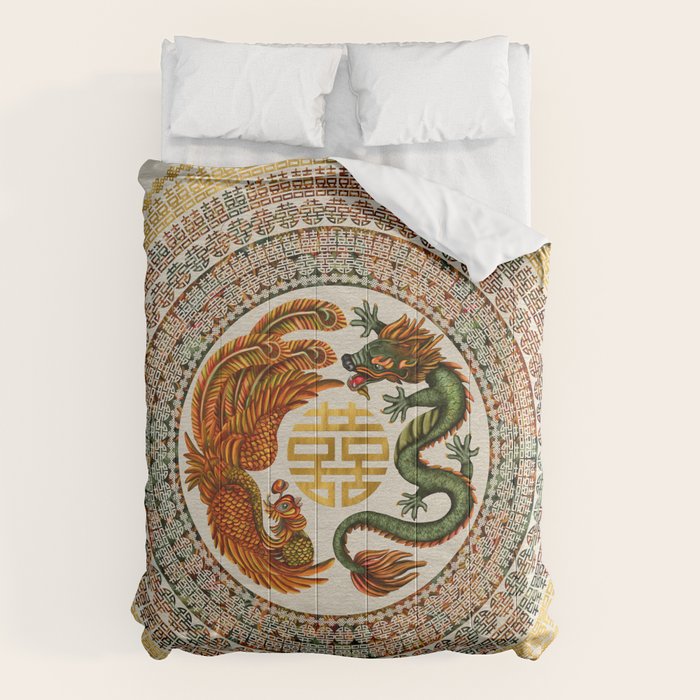 Double Happiness Symbol with Phoenix and Dragon  Comforter Gallery Image 6