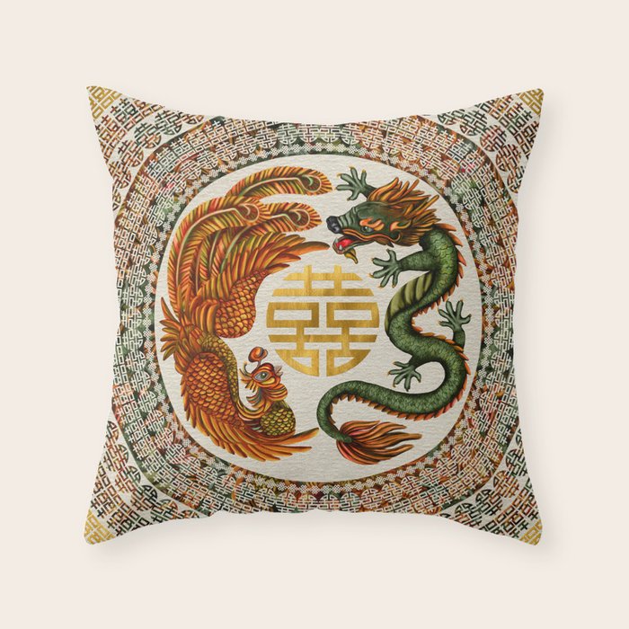 Double Happiness Symbol with Phoenix and Dragon  Throw Pillow Gallery Image 1
