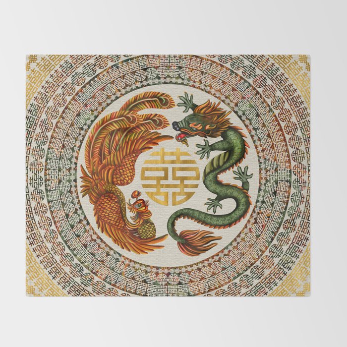 Double Happiness Symbol with Phoenix and Dragon  Throw Blanket Gallery Image 2