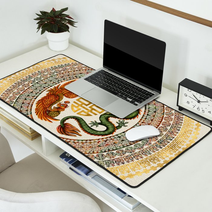 Double Happiness Symbol with Phoenix and Dragon  Desk Mat Gallery Image 2