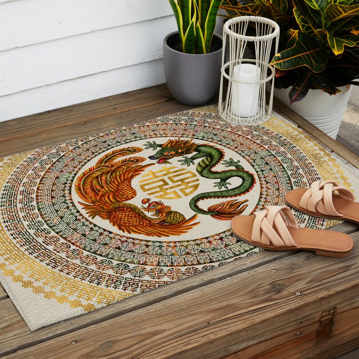 Double Happiness Symbol with Phoenix and Dragon  Outdoor Rug Gallery Image 2