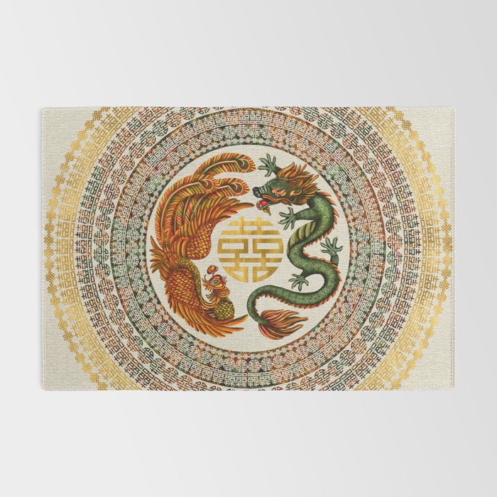 Double Happiness Symbol with Phoenix and Dragon  Rug Gallery Image 2