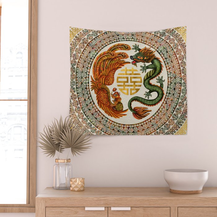 Double Happiness Symbol with Phoenix and Dragon  Wall Tapestry Gallery Image 2