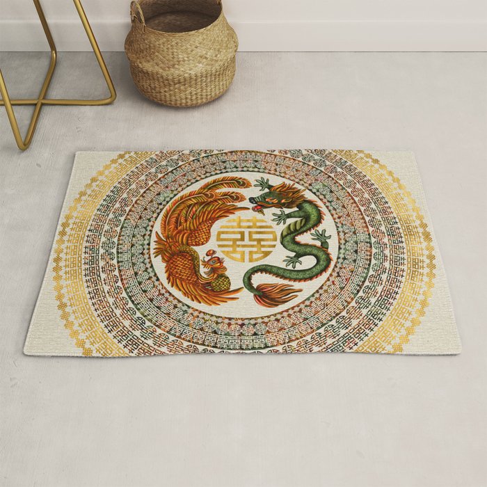 Double Happiness Symbol with Phoenix and Dragon  Rug Gallery Image 1