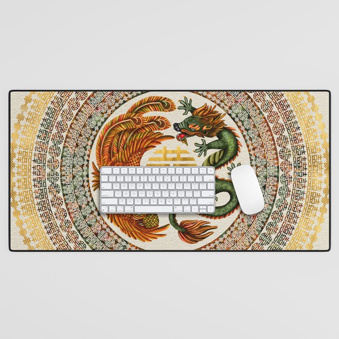 Double Happiness Symbol with Phoenix and Dragon  Desk Mat Gallery Image 1