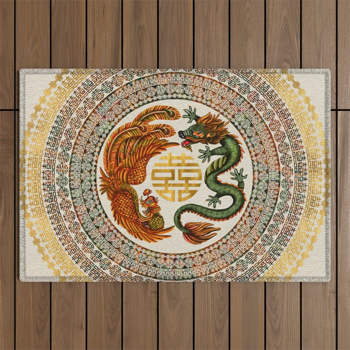 Double Happiness Symbol with Phoenix and Dragon  Outdoor Rug Gallery Image 1