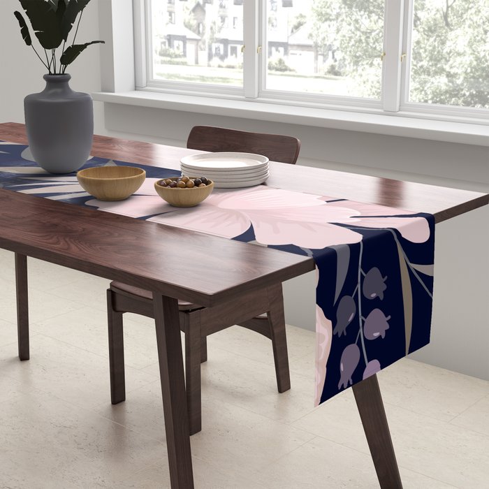 Festive, Modern, Floral Prints, Pink and Navy Table Runner Gallery Image 2