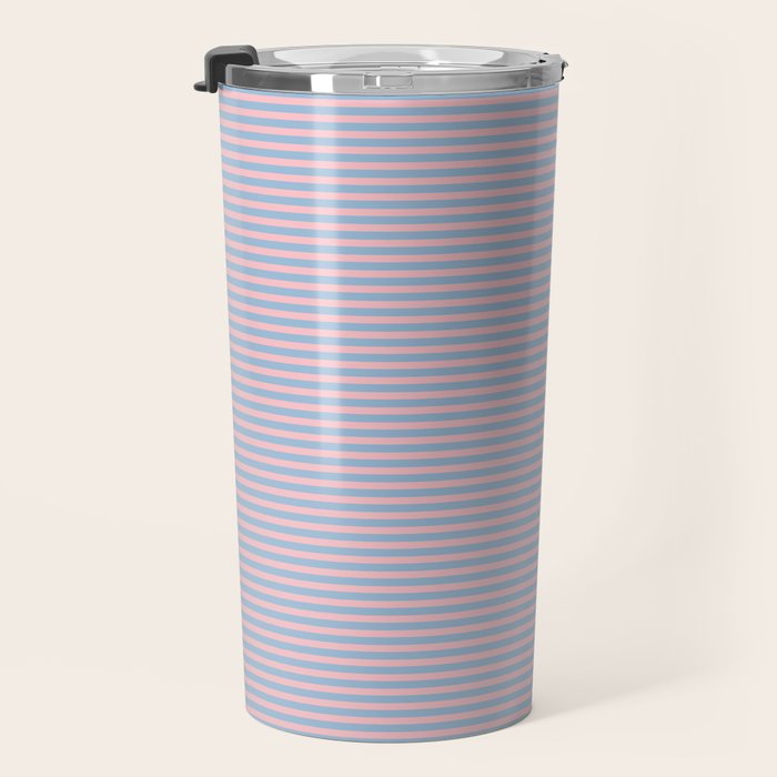 Ultra Fine Stripes Light Blue and Baby Pink Pattern Travel Mug Gallery Image 3