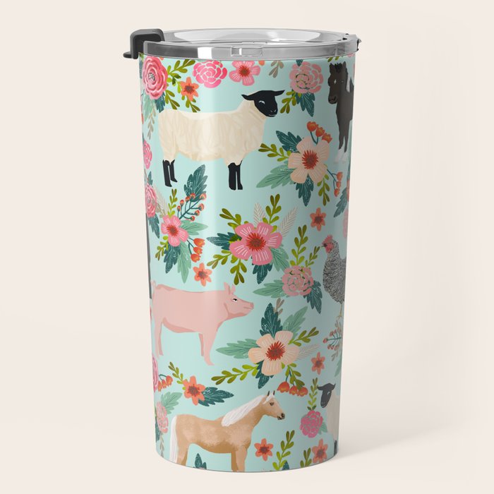 Farm animal sanctuary pig chicken cows horses sheep floral pattern gifts Travel Mug Gallery Image 3
