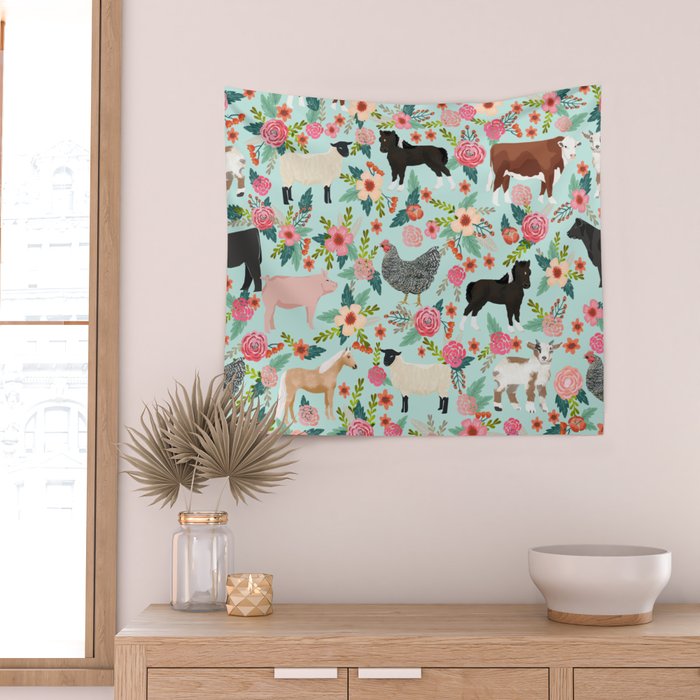 Farm animal sanctuary pig chicken cows horses sheep floral pattern gifts Wall Tapestry Gallery Image 2