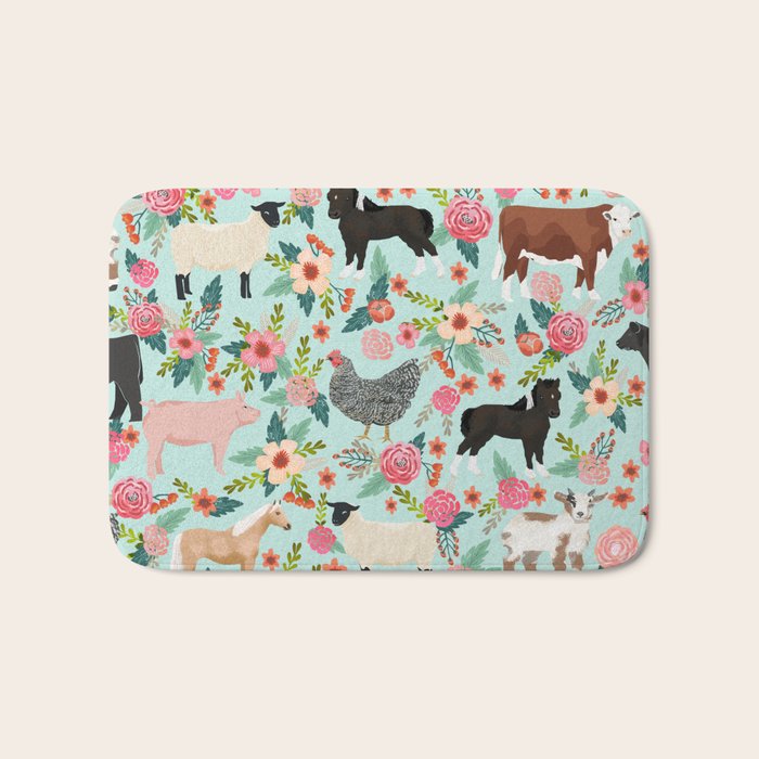 Farm animal sanctuary pig chicken cows horses sheep floral pattern gifts Bath Mat Gallery Image 1